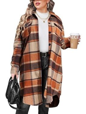 NWT Plaid Shacket in Burnt Orange and Brown Size XXL